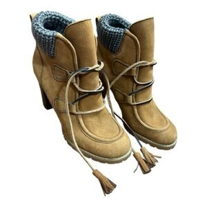 See by Chloe Sz 39(8.5 US) Suede Heeled Booties with Cable Knit Accent Tan/Brown